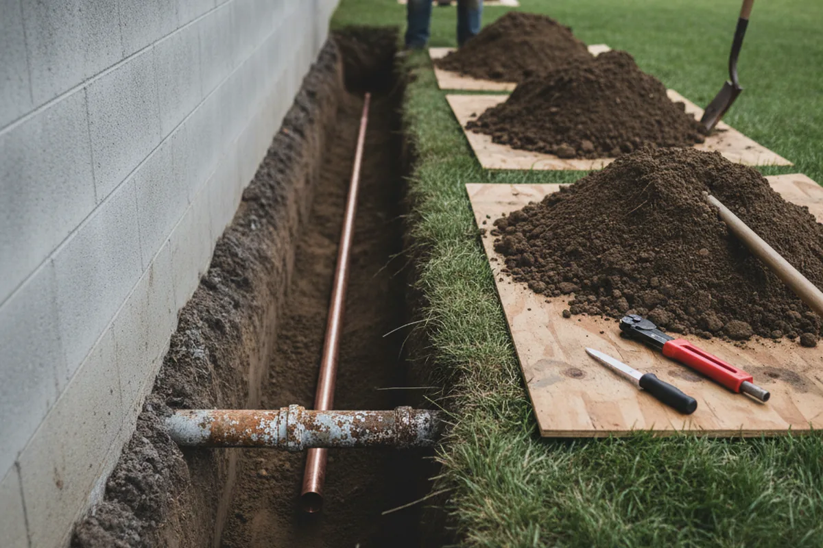 Excavated water line trench during Water Softener Installation in Milton